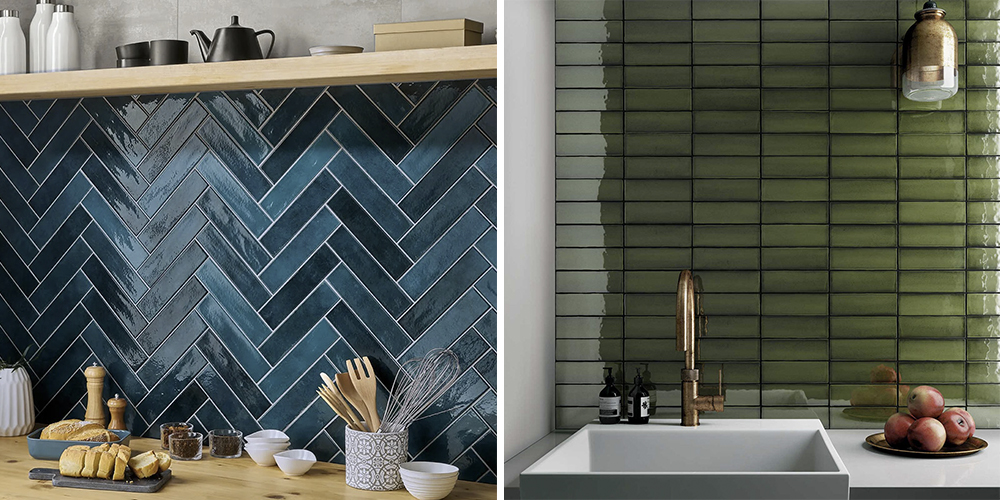 (Left) Herringbone Valencia azure metro tiles, (Right) Horizontal Babylon olive metro tiles